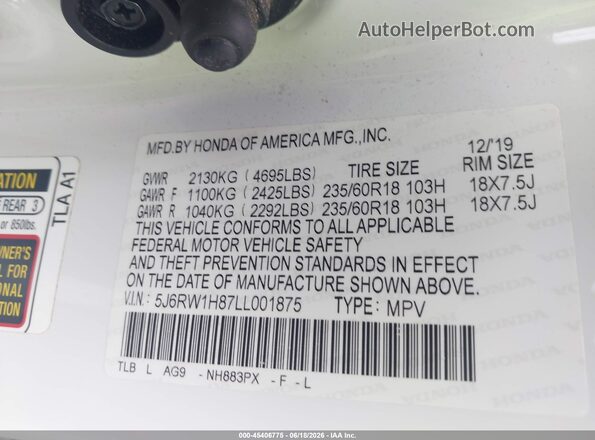 5J6RW1H87LL001875 2020 HONDA CR-V White Շարժիչի բաժամունքի տեսք