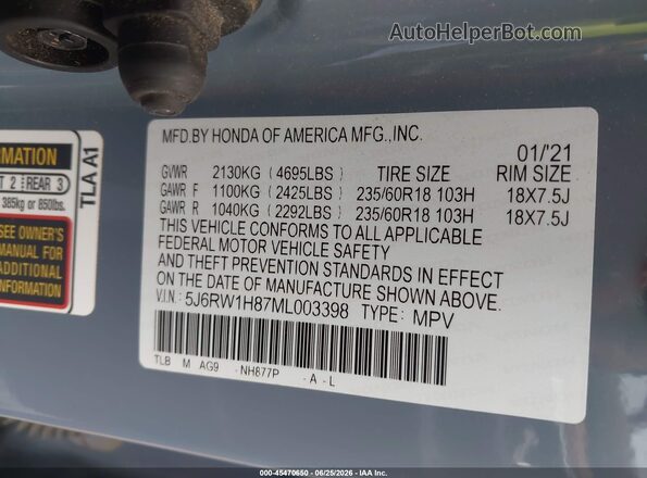 5J6RW1H87ML003398 2021 HONDA CR-V Blue ძრავის განყოფილების ხედი
