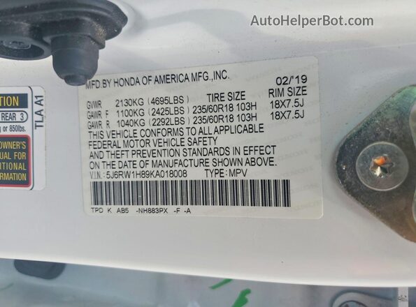 5J6RW1H89KA018008 2019 HONDA CR-V White VIN sticker view