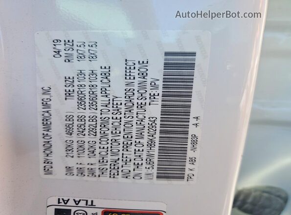 5J6RW1H89KA029543 2019 HONDA CR-V White 