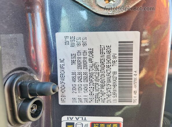 5J6RW1H8XKA027168 2019 HONDA CR-V Серый Вид наклейки с VIN-кодом