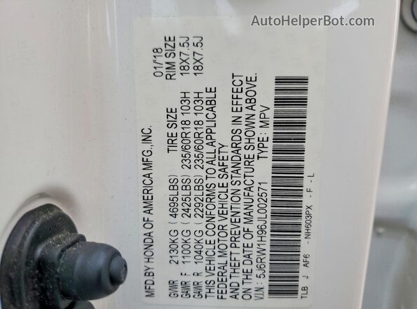 5J6RW1H96JL002571 2018 HONDA CR-V White VIN კოდის სტიკერის ხედი