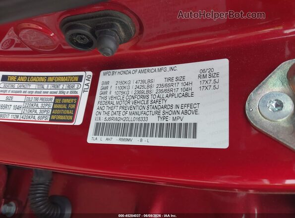5J6RW2H20LL016333 2020 HONDA CR-V Red ძრავის განყოფილების ხედი