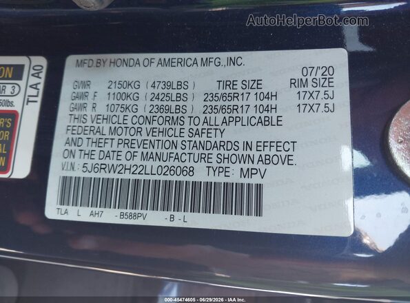 5J6RW2H22LL026068 2020 HONDA CR-V Blue Вид підкапотного простору