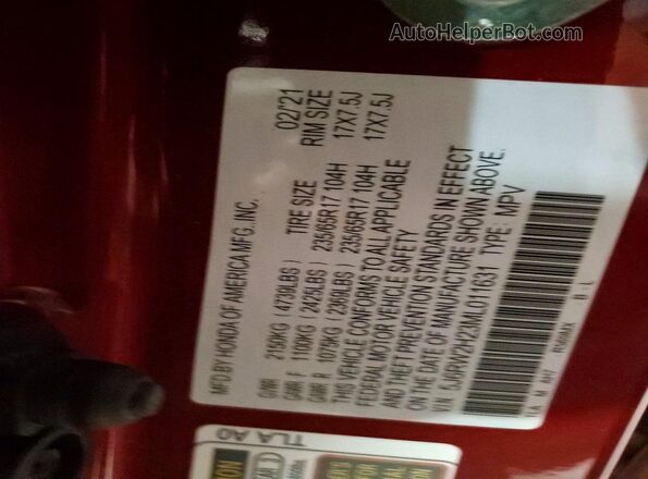 5J6RW2H23ML011631 2021 HONDA CR-V Красный Вид наклейки с VIN-кодом