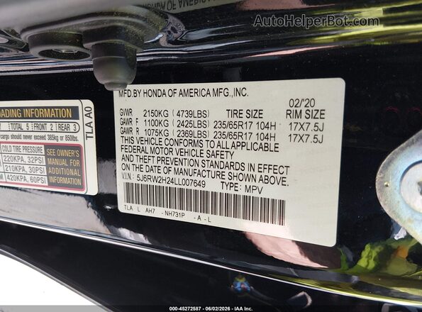 5J6RW2H24LL007649 2020 HONDA CR-V Black Widok komory silnika