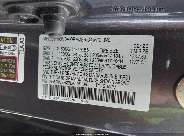 5J6RW2H27LA007138 2020 HONDA CR-V Gray Vista del compartimento del motor