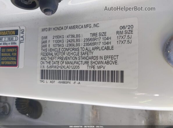 5J6RW2H2XLA012205 2020 HONDA CR-V White Widok komory silnika