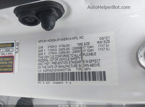 5J6RW2H2XMA007734 2021 HONDA CR-V White Widok komory silnika