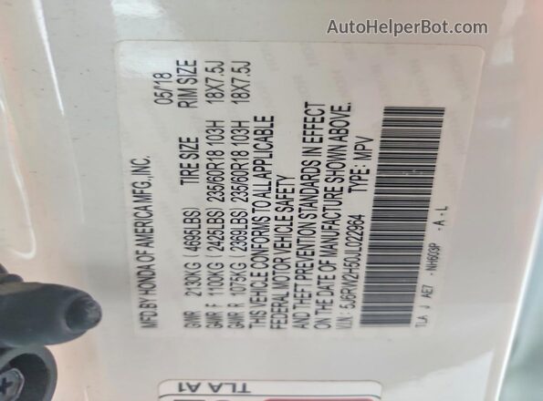 5J6RW2H50JL022964 2018 HONDA CR-V Белый Вид наклейки с VIN-кодом