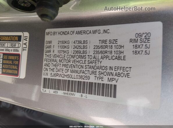 5J6RW2H50LL038259 2020 HONDA CR-V Silver 