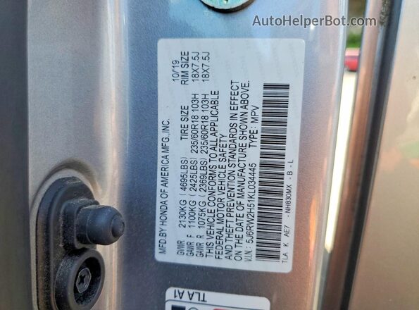5J6RW2H51KL034445 2019 HONDA CR-V Silver 
