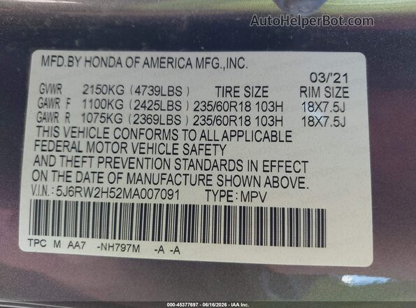 5J6RW2H52MA007091 2021 HONDA CR-V Серый Вид подкапотного пространства