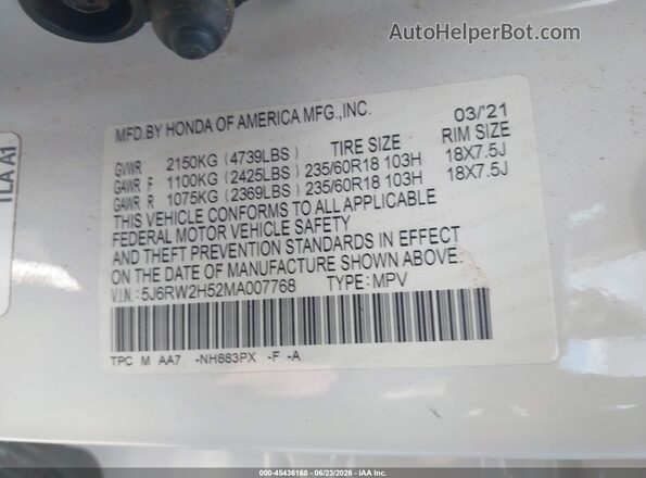 5J6RW2H52MA007768 2021 HONDA CR-V Белый Вид подкапотного пространства