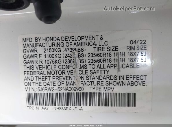 5J6RW2H52NA009960 2022 HONDA CR-V White Engine compartment view