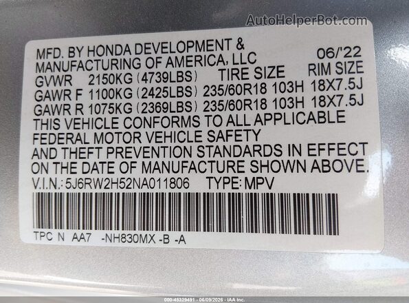 5J6RW2H52NA011806 2022 HONDA CR-V Silver Вид підкапотного простору