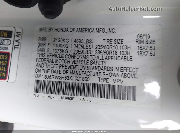 5J6RW2H53KL021860 2019 HONDA CR-V White Շարժիչի բաժամունքի տեսք