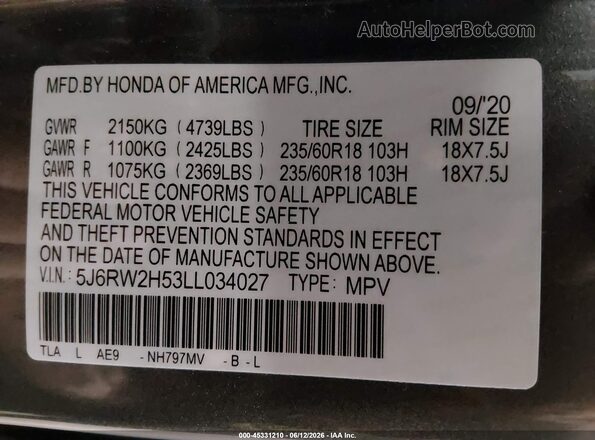 5J6RW2H53LL034027 2020 HONDA CR-V Серый Вид подкапотного пространства