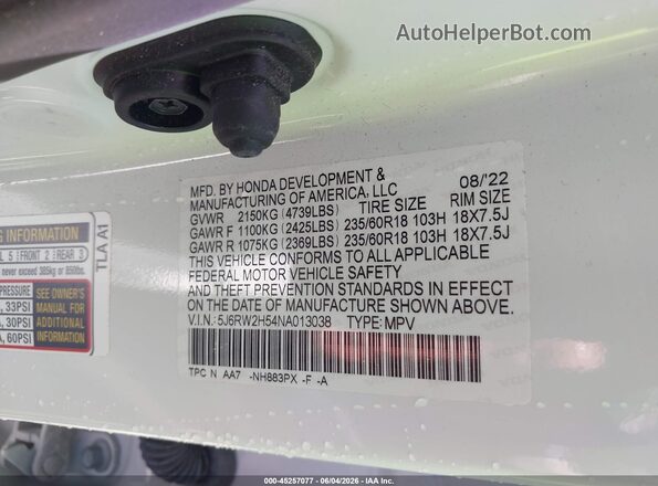 5J6RW2H54NA013038 2022 HONDA CR-V White Engine compartment view