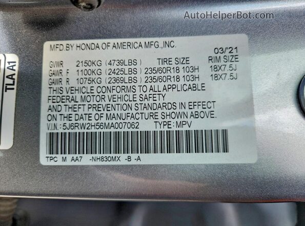 5J6RW2H56MA007062 2021 HONDA CR-V Silver Вид наклейки з VIN-кодом