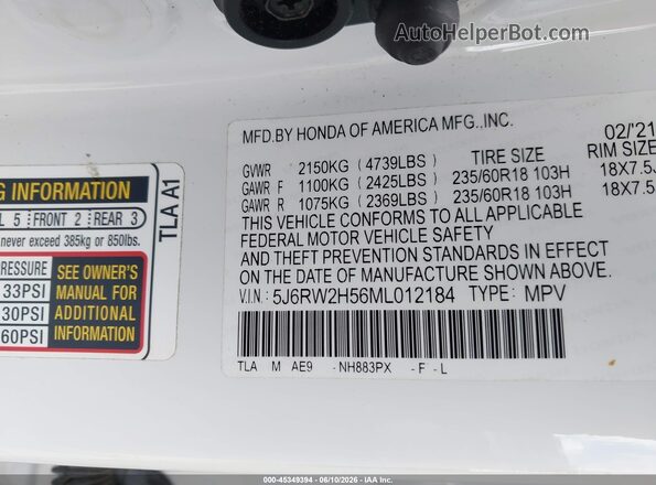 5J6RW2H56ML012184 2021 HONDA CR-V White Vista del compartimento del motor
