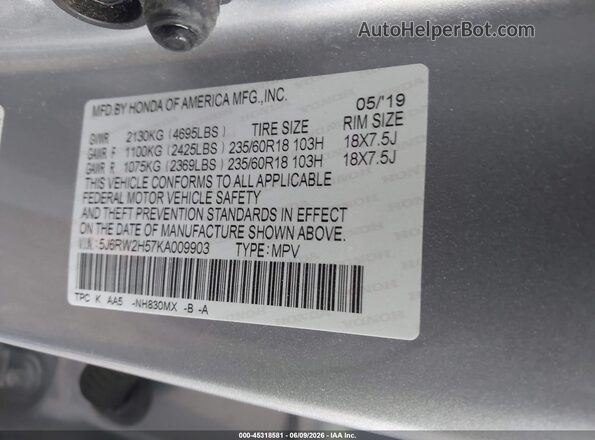 5J6RW2H57KA009903 2019 HONDA CR-V Silver Вид підкапотного простору