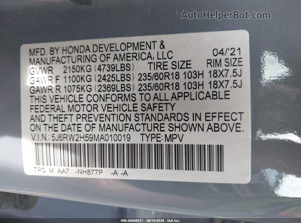 5J6RW2H59MA010019 2021 HONDA CR-V Серый Вид подкапотного пространства