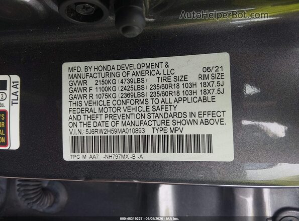 5J6RW2H59MA010893 2021 HONDA CR-V Gray Widok komory silnika