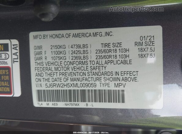 5J6RW2H5XML009059 2021 HONDA CR-V Gray Շարժիչի բաժամունքի տեսք