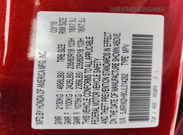 5J6RW2H80JL014292 2018 HONDA CR-V Красный Вид наклейки с VIN-кодом