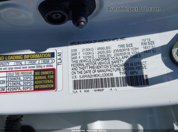 5J6RW2H80KL030638 2019 HONDA CR-V Белый Вид подкапотного пространства