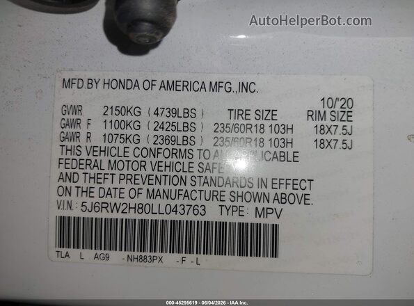 5J6RW2H80LL043763 2020 HONDA CR-V White Widok komory silnika