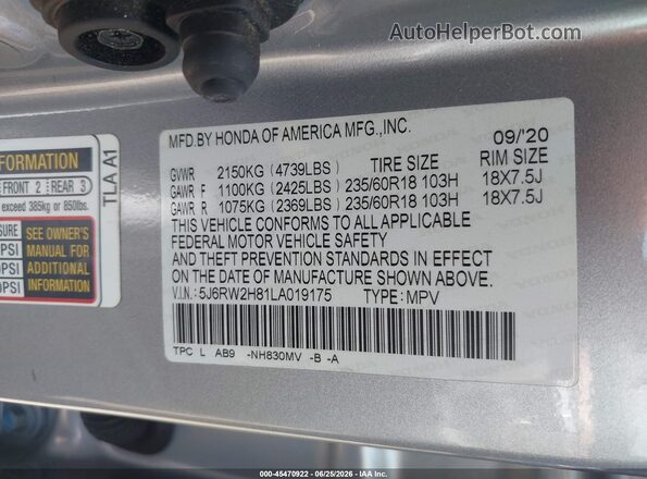 5J6RW2H81LA019175 2020 HONDA CR-V Серебряный Вид подкапотного пространства