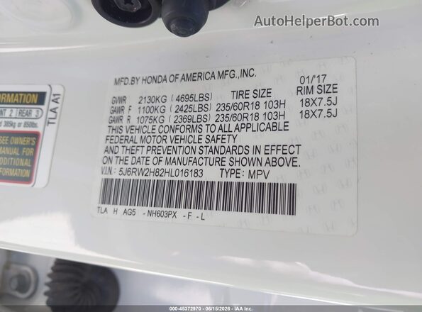 5J6RW2H82HL016183 2017 HONDA CR-V White Շարժիչի բաժամունքի տեսք