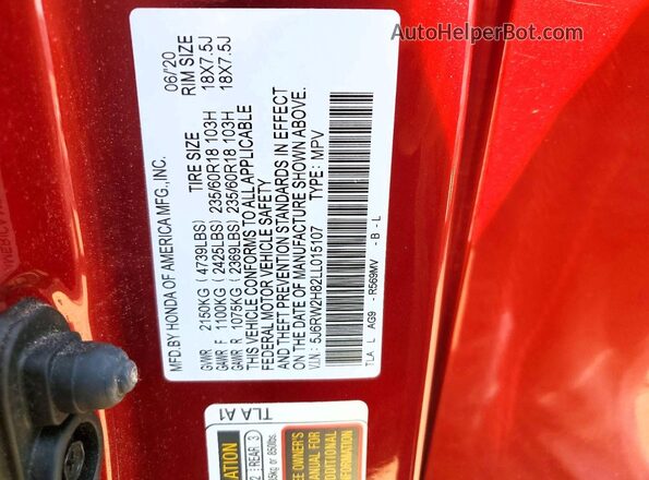 5J6RW2H82LL015107 2020 HONDA CR-V Red Вид наклейки з VIN-кодом