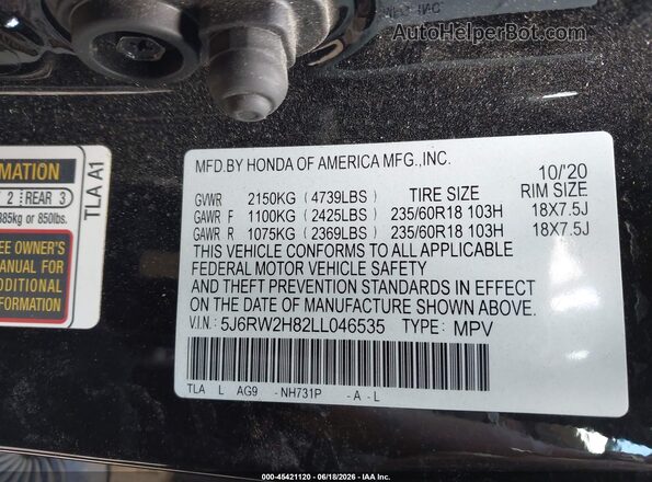5J6RW2H82LL046535 2020 HONDA CR-V Black Շարժիչի բաժամունքի տեսք