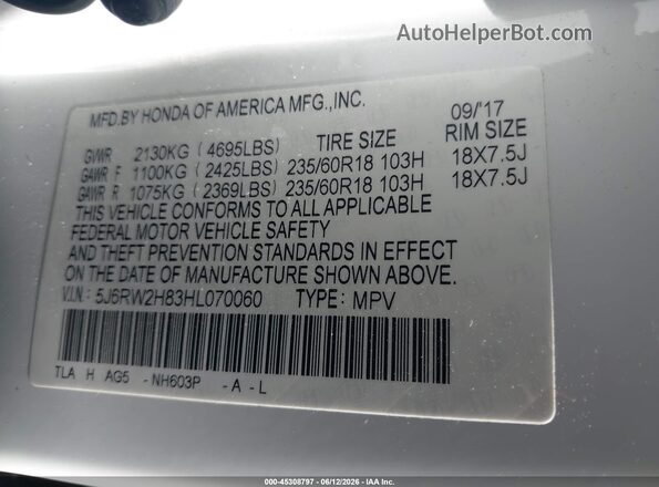 5J6RW2H83HL070060 2017 HONDA CR-V White Շարժիչի բաժամունքի տեսք