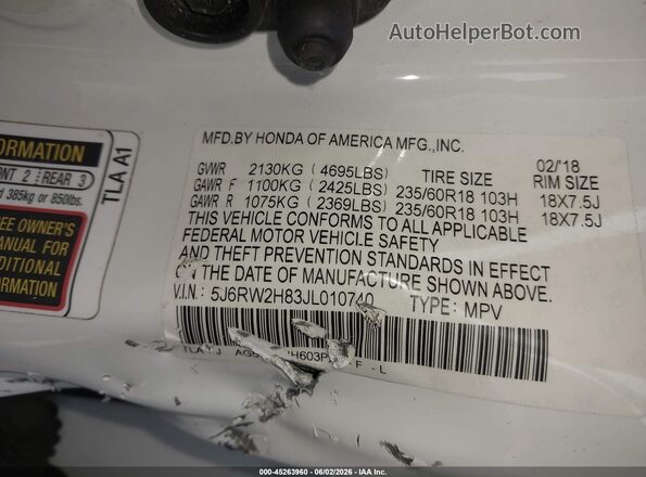 5J6RW2H83JL010740 2018 HONDA CR-V White Շարժիչի բաժամունքի տեսք