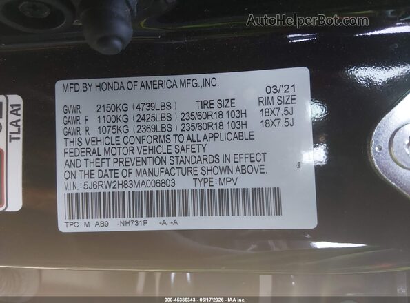 5J6RW2H83MA006803 2021 HONDA CR-V Black 