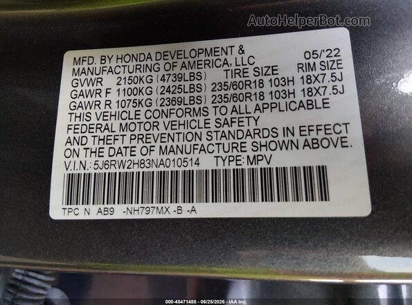 5J6RW2H83NA010514 2022 HONDA CR-V Gray Widok komory silnika