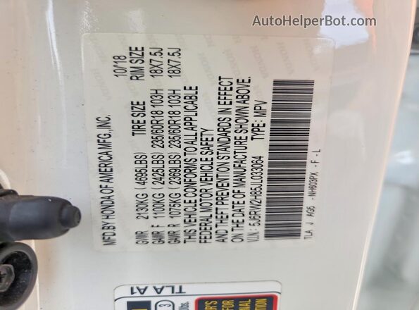5J6RW2H85JL033064 2018 HONDA CR-V White Engine compartment view