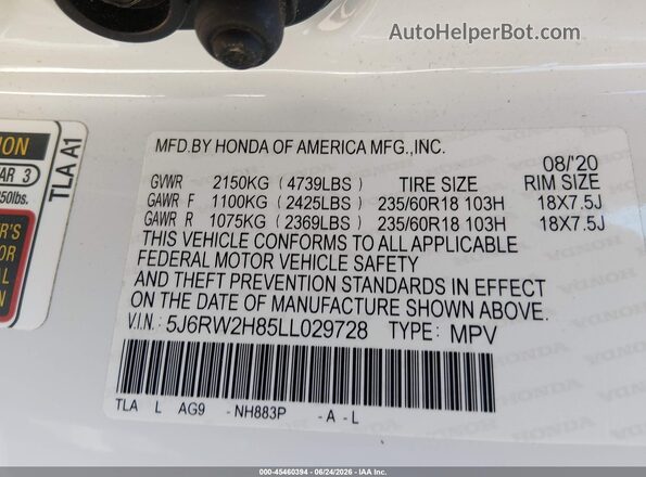 5J6RW2H85LL029728 2020 HONDA CR-V White Widok komory silnika