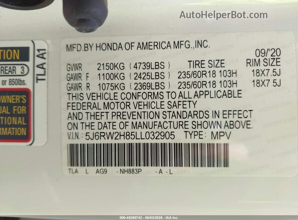5J6RW2H85LL032905 2020 HONDA CR-V White Engine compartment view