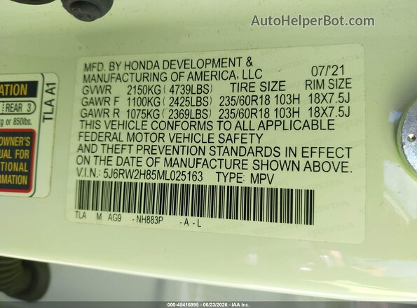 5J6RW2H85ML025163 2021 HONDA CR-V White Շարժիչի բաժամունքի տեսք
