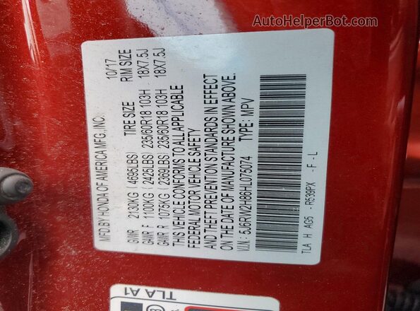 5J6RW2H86HL075074 2017 HONDA CR-V Red VIN კოდის სტიკერის ხედი