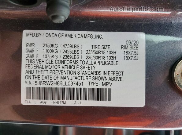 5J6RW2H86LL037451 2020 HONDA CR Gray Widok naklejki z numerem VIN