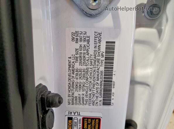 5J6RW2H86NL003495 2022 HONDA CR-V Белый Вид наклейки с VIN-кодом