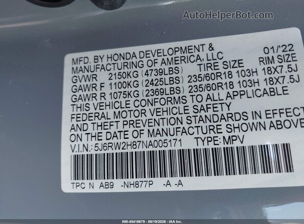 5J6RW2H87NA005171 2022 HONDA CR-V Light Blue Vista del compartimento del motor