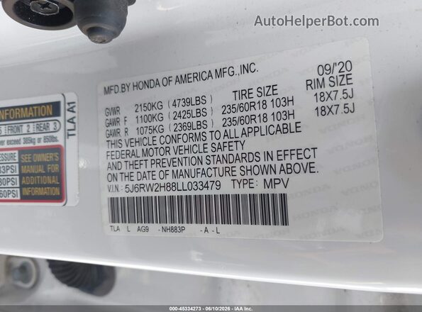 5J6RW2H88LL033479 2020 HONDA CR-V White Widok komory silnika