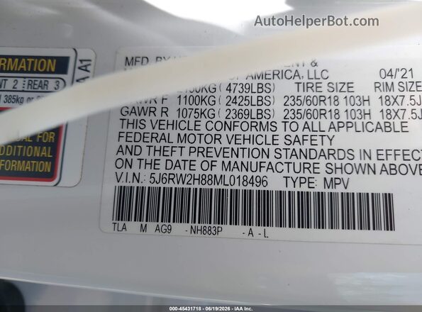5J6RW2H88ML018496 2021 HONDA CR-V White Շարժիչի բաժամունքի տեսք